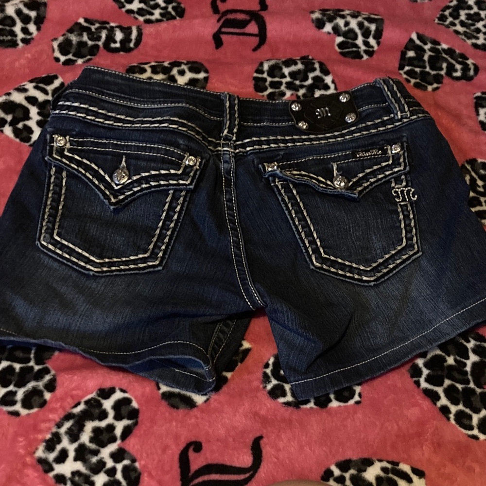 Miss Me Dark Blue Denim Plus Size Shorts with White Stitching